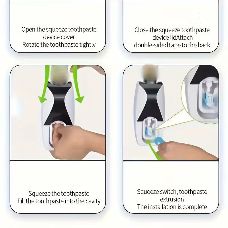 2pcs No-Drill Wall-Mounted Automatic Toothpaste Dispenser & Toothbrush Holder