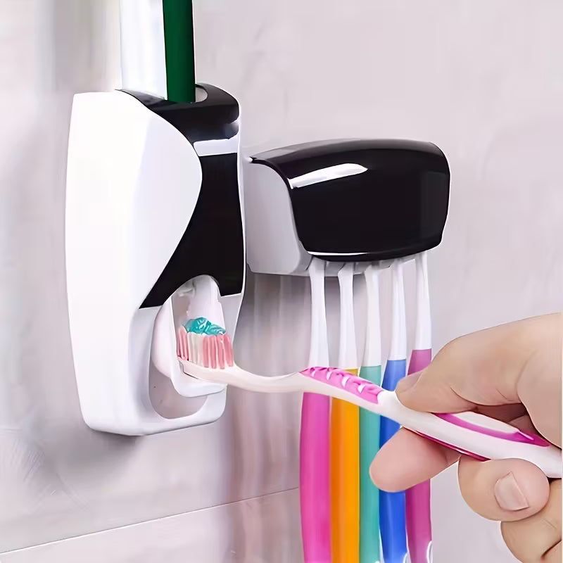 2pcs No-Drill Wall-Mounted Automatic Toothpaste Dispenser & Toothbrush Holder