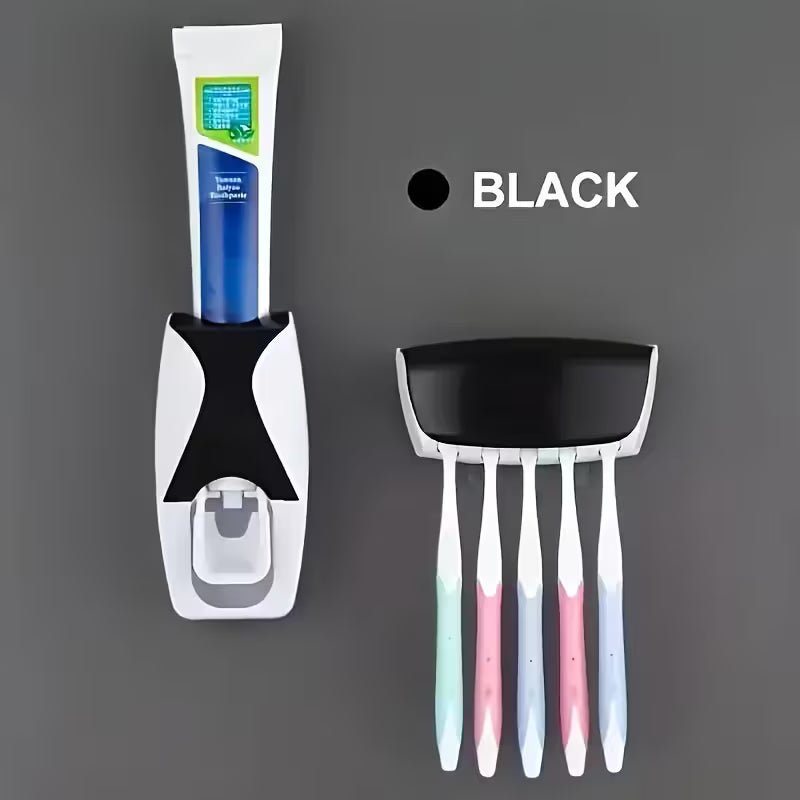 2pcs No-Drill Wall-Mounted Automatic Toothpaste Dispenser & Toothbrush Holder