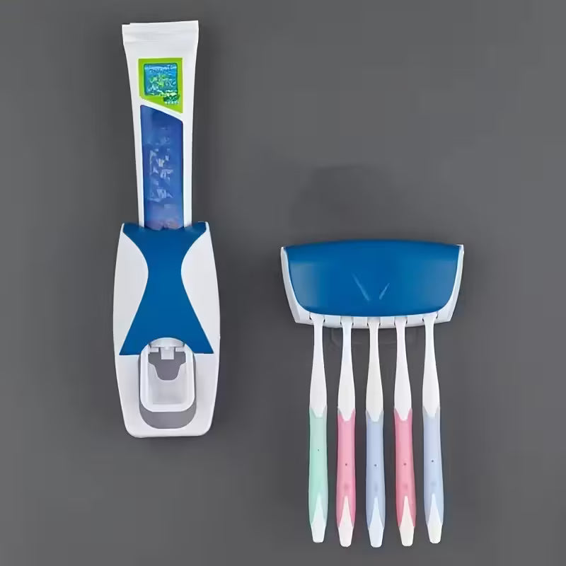 2pcs No-Drill Wall-Mounted Automatic Toothpaste Dispenser & Toothbrush Holder
